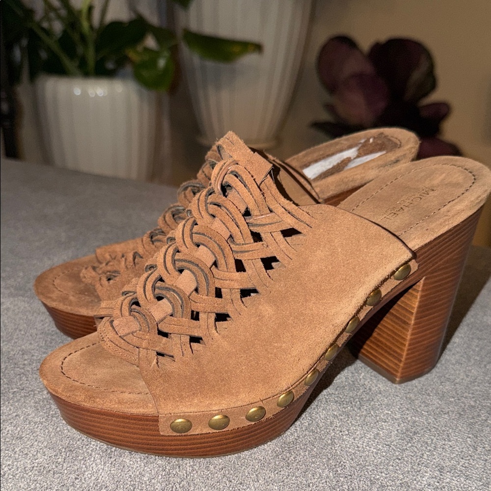 Michael Kors Tan Suede Woven Platform Clog Mules - Picture 3 of 10